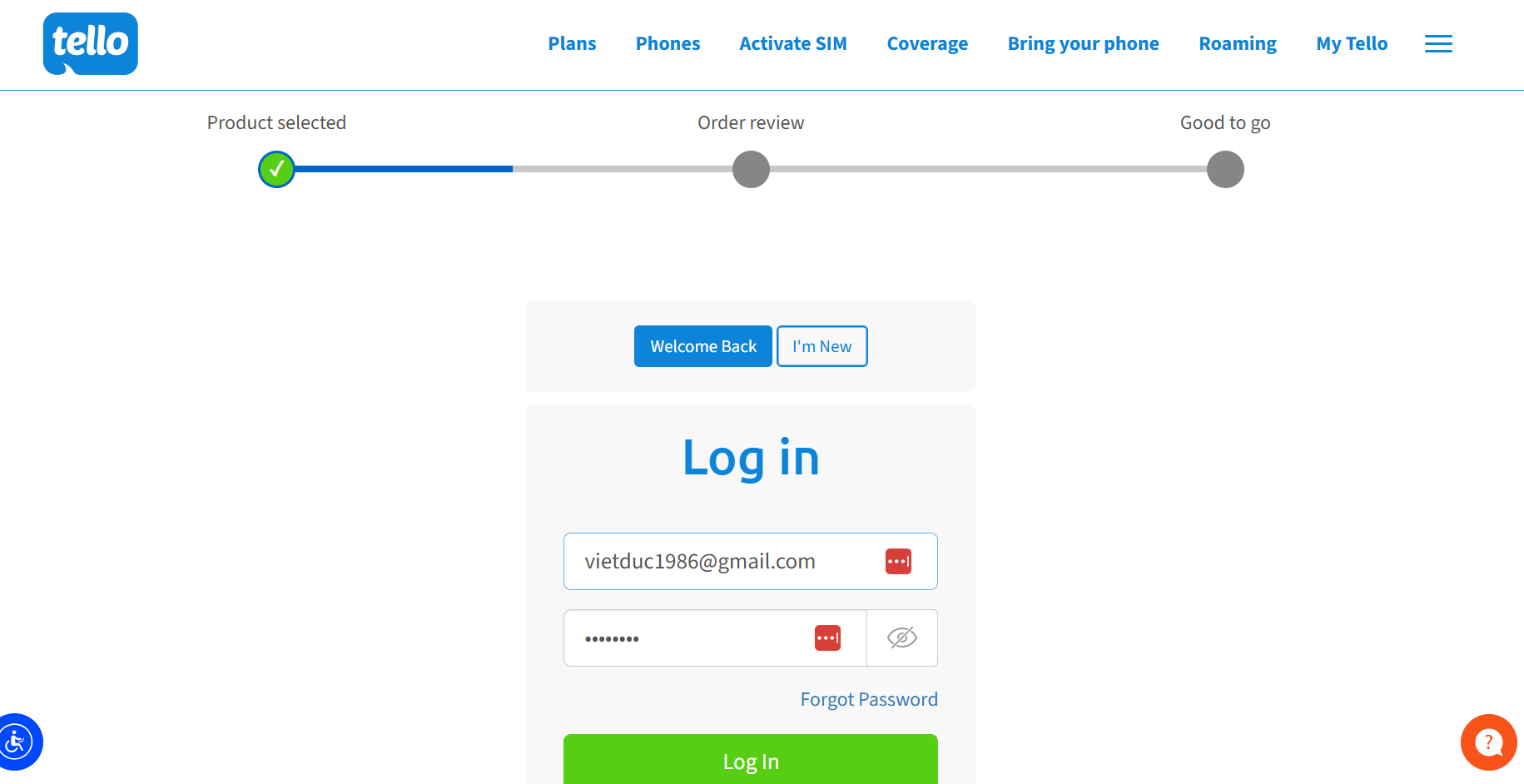 Log in to Tello account