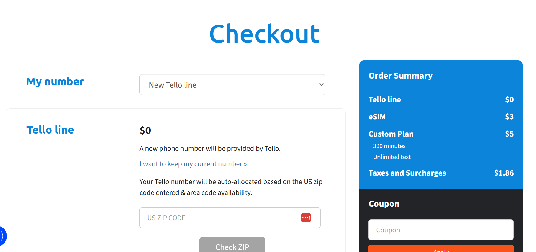 Checkout page with New Tello Line selected