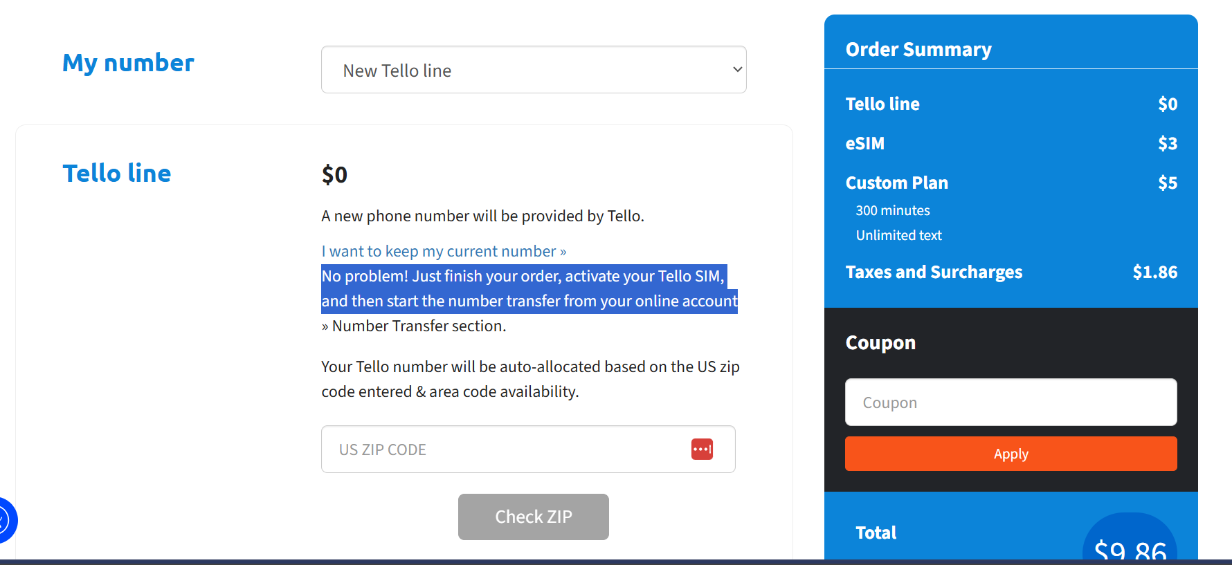 Number transfer option on Tello checkout