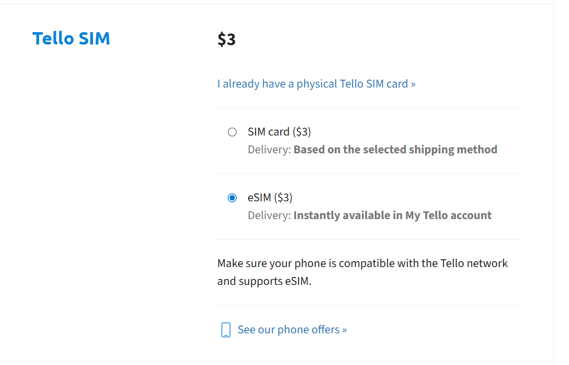 Select eSIM on Tello checkout